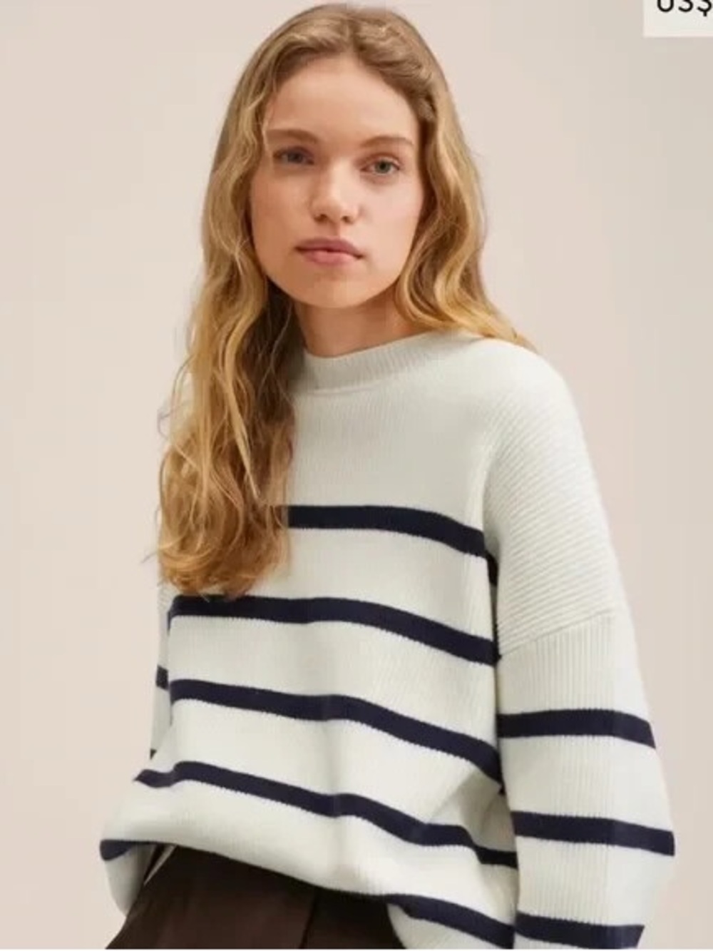 Mango Cream Mockneck Sweater with Navy Stripes - Size XS